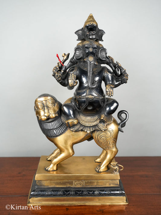 Brass Panchamukhi Ganesha on Lion 24"