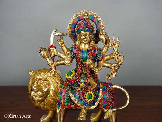 Goddess Durga on Lion Brass Idol 13"