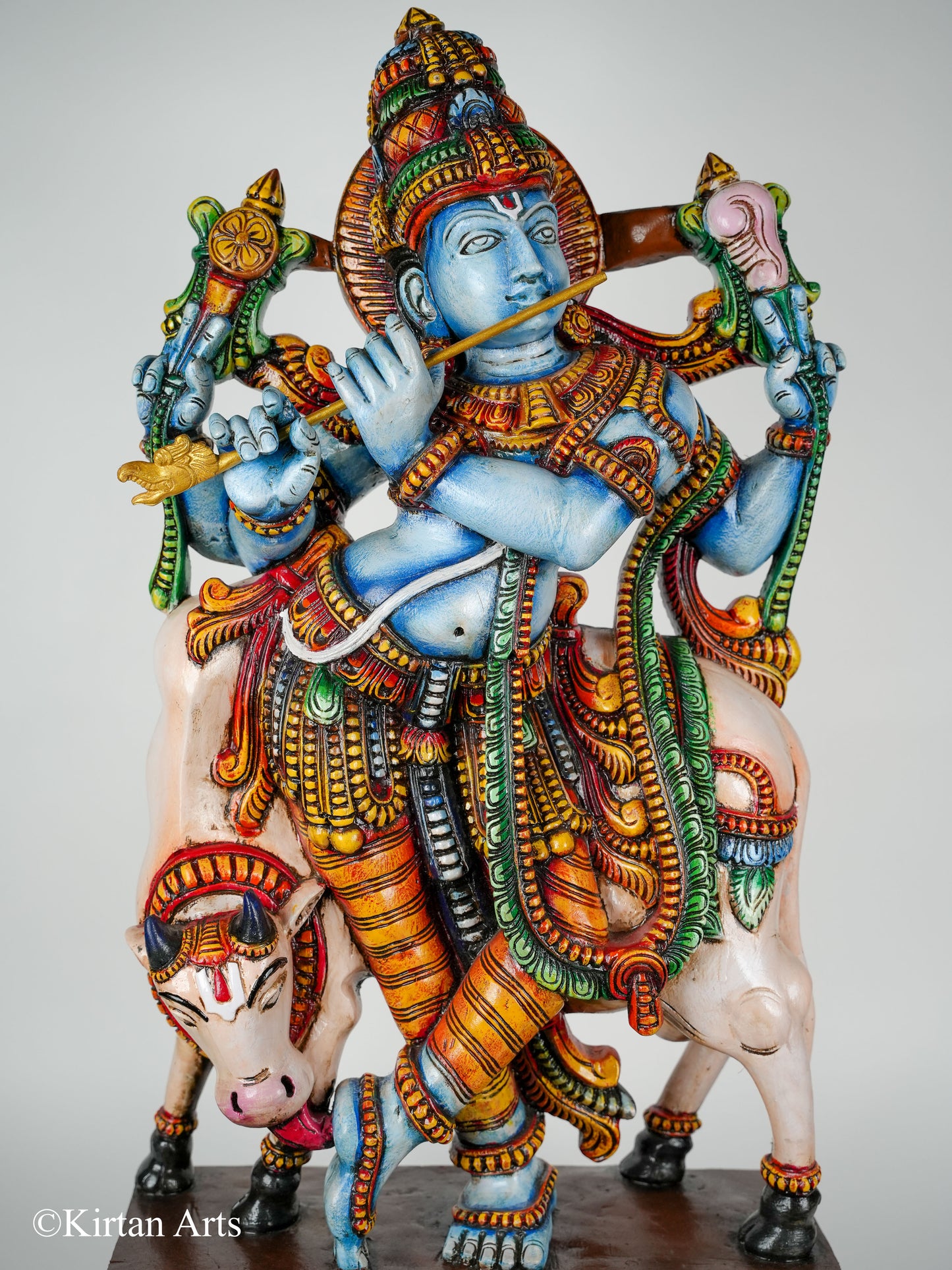 Wood Carved Krishna with Cow 3ft