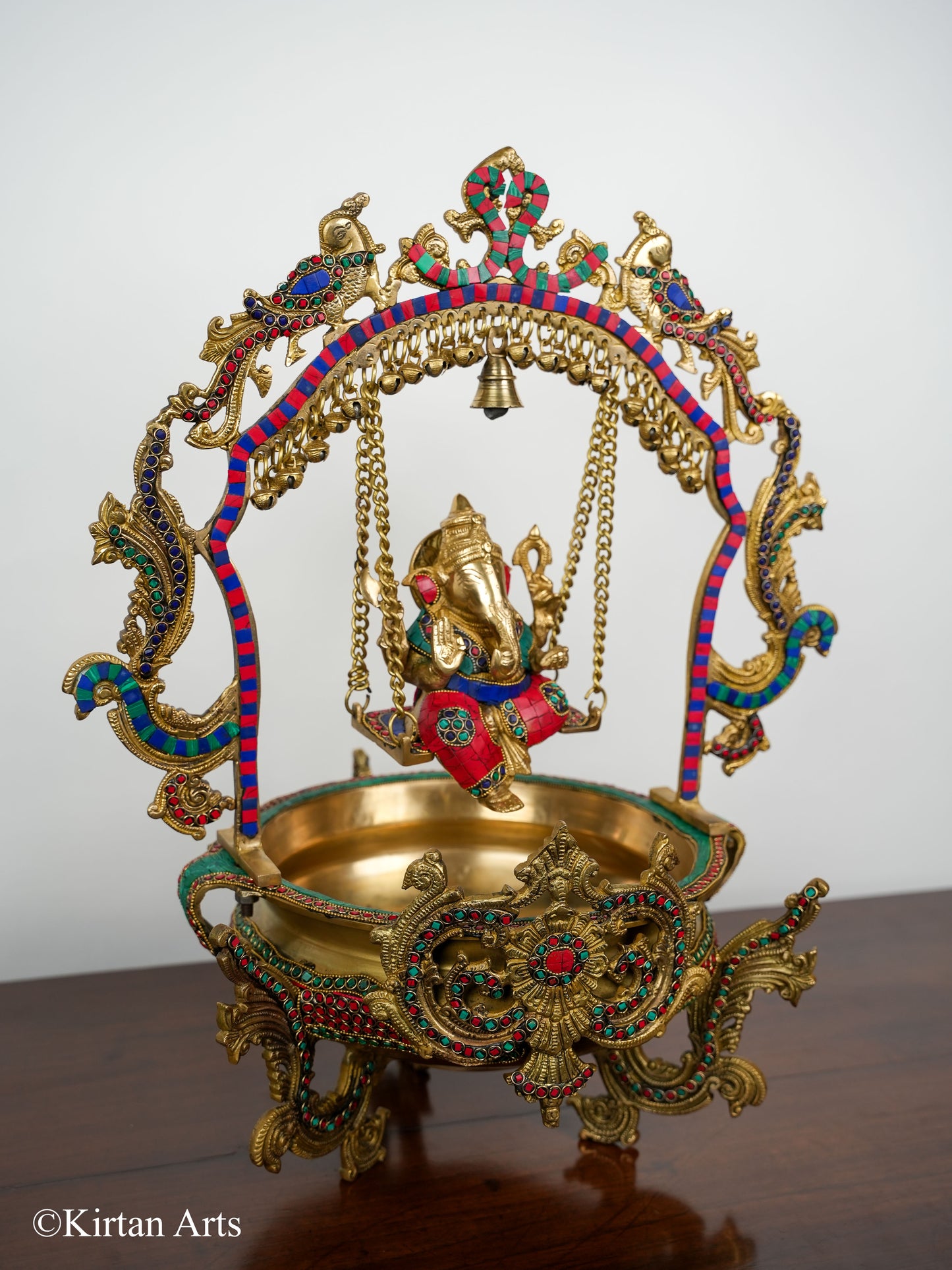 Brass Ganesh Jhula Urli Stonework 23"