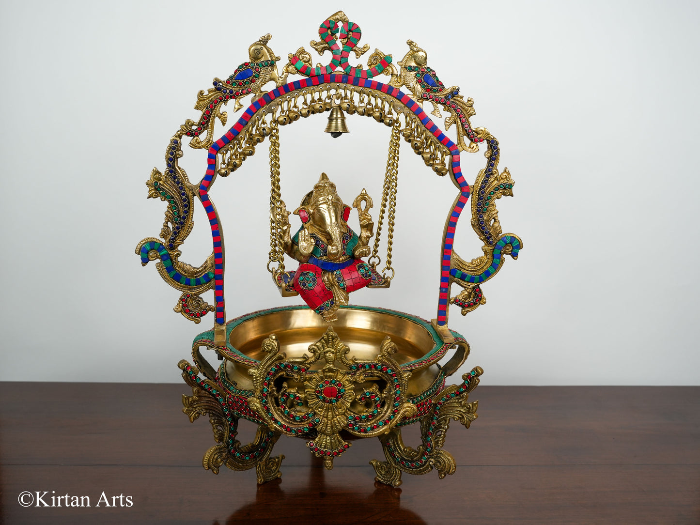 Brass Ganesh Jhula Urli Stonework 23"