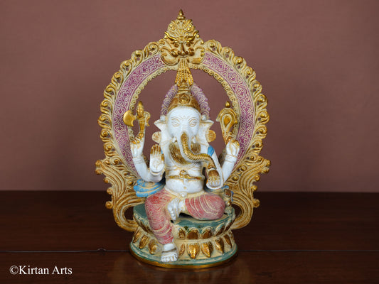 Brass Ganesha with Prabhavali Multicolor Finish 14"