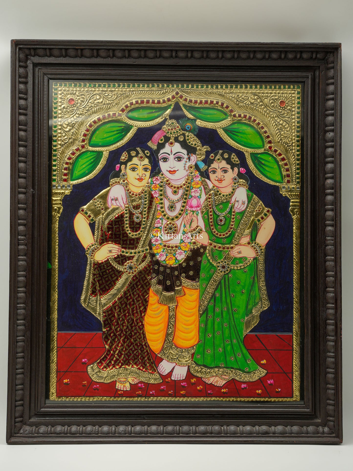 Lord Krishna with Rukmini and Satyabhama Tanjore Painting 23x19