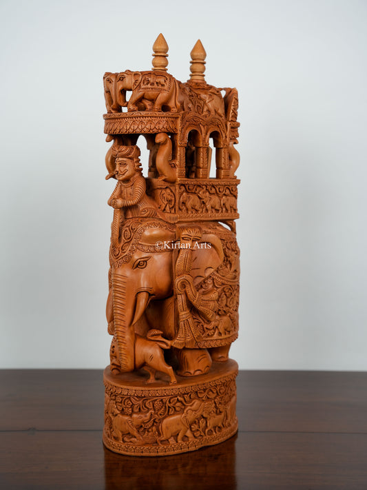 21" Wooden Ambari Elephant with Animal Carvings | Hand Carved