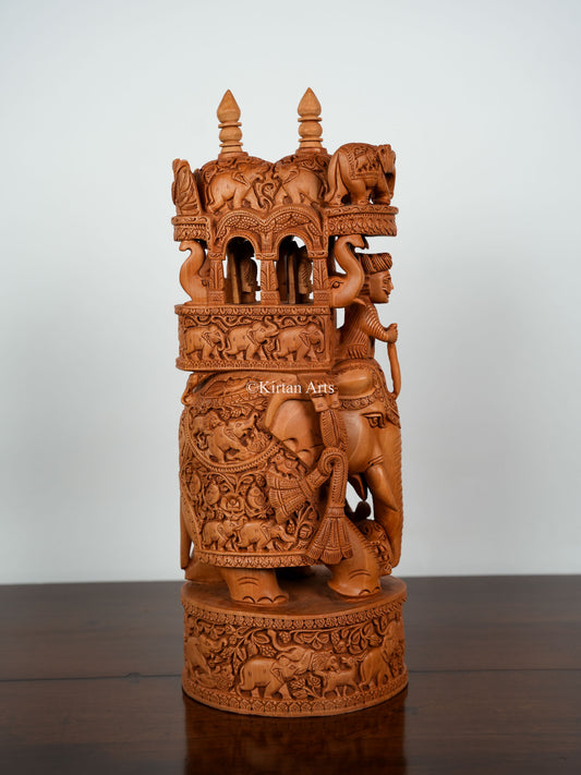 21" Wooden Ambari Elephant with Animal Carvings | Hand Carved