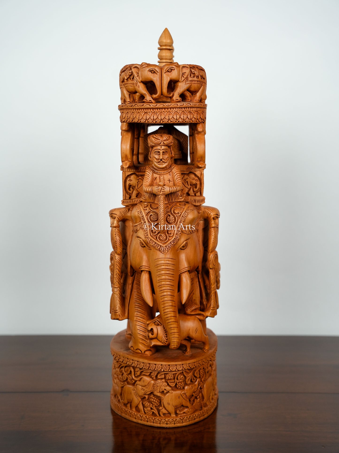 21" Wooden Ambari Elephant with Animal Carvings | Hand Carved