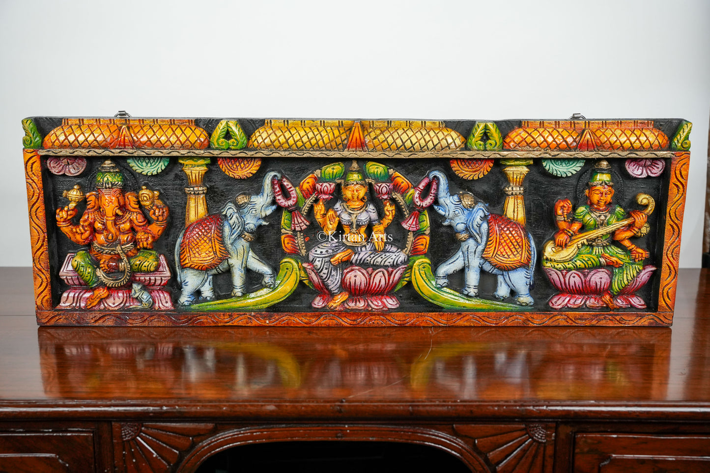 36" Gaja Lakshmi Wooden Panel with Ganesha and Saraswati | Hand Carved