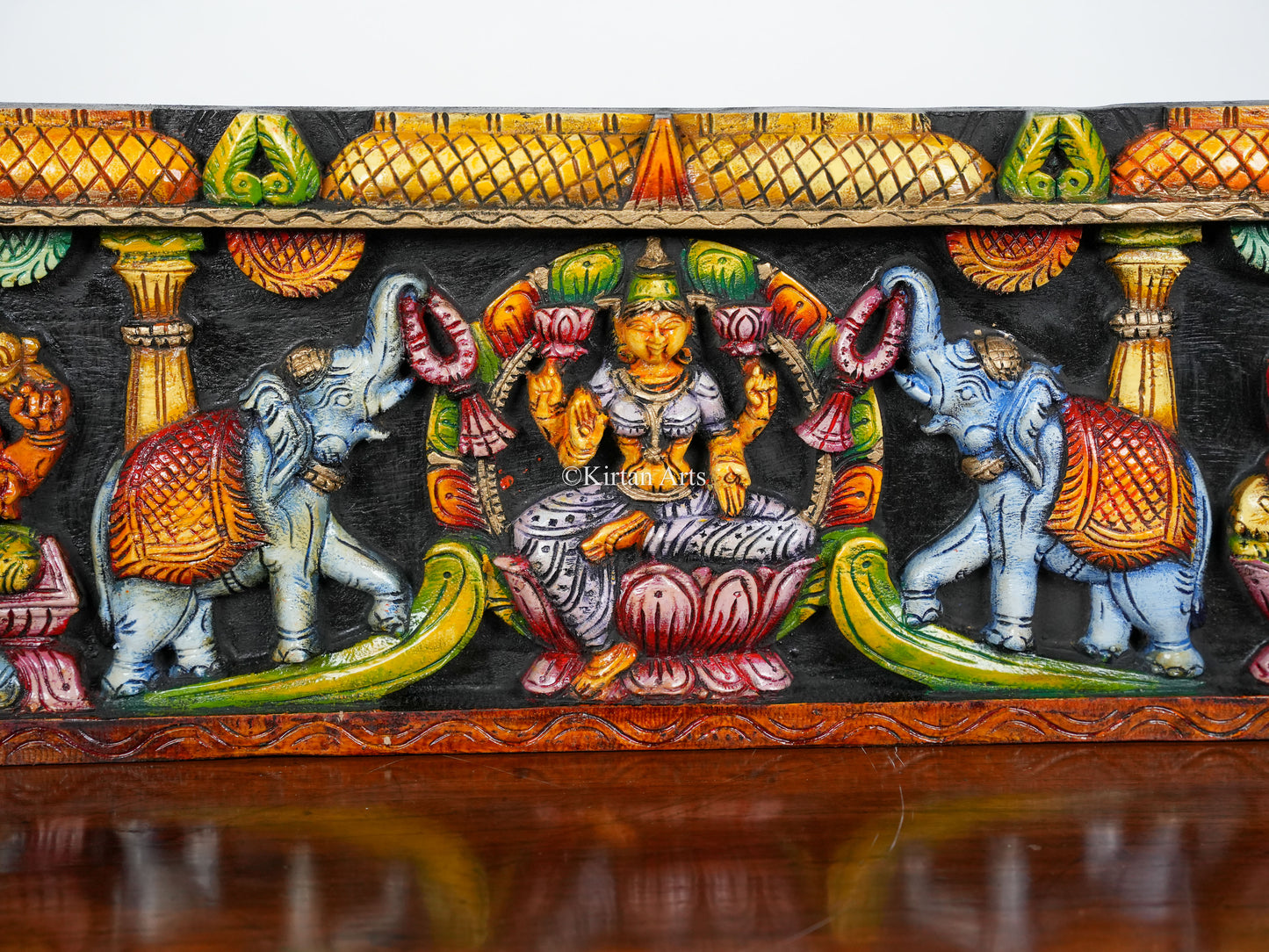 36" Gaja Lakshmi Wooden Panel with Ganesha and Saraswati | Hand Carved