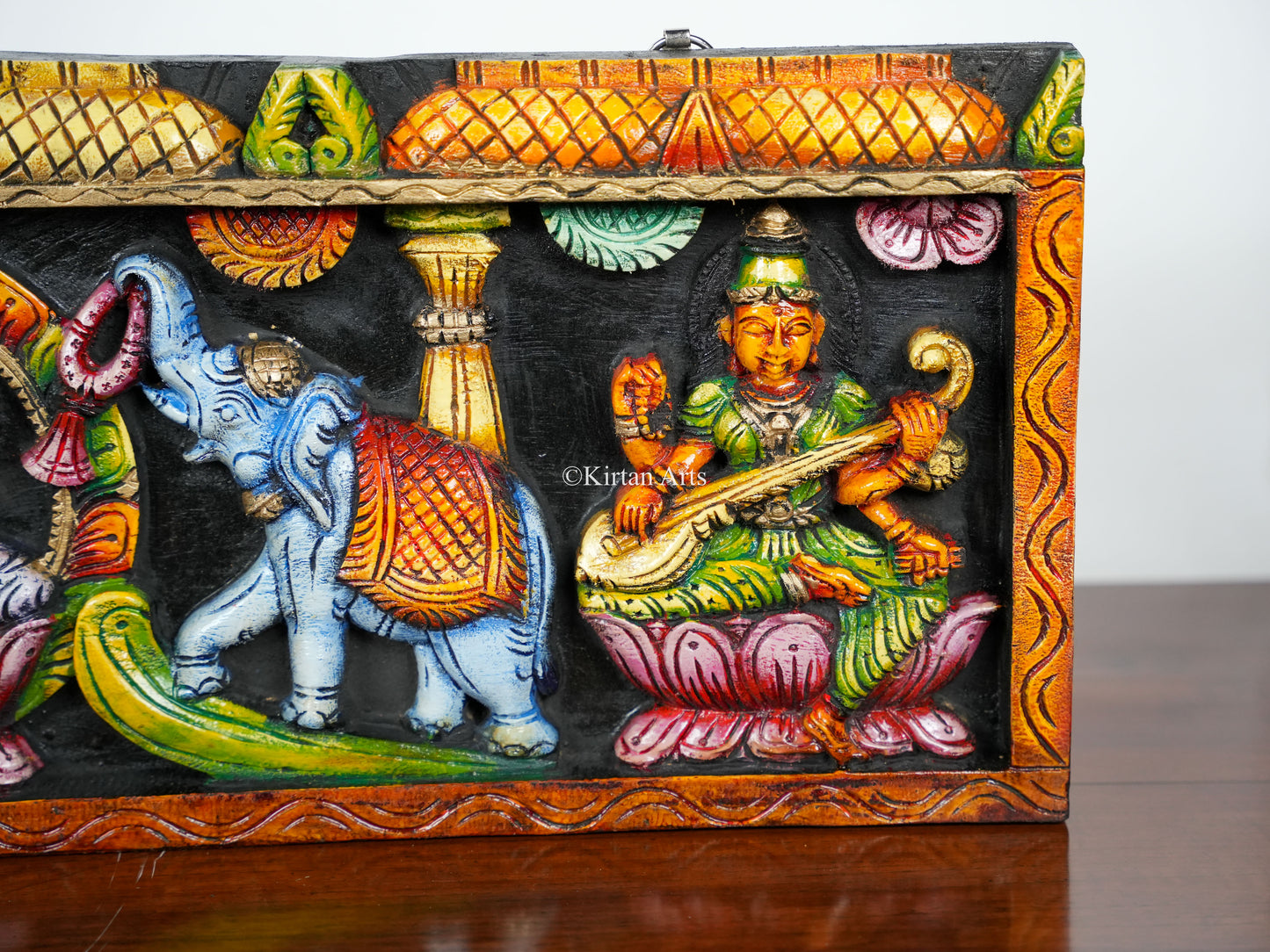 36" Gaja Lakshmi Wooden Panel with Ganesha and Saraswati | Hand Carved