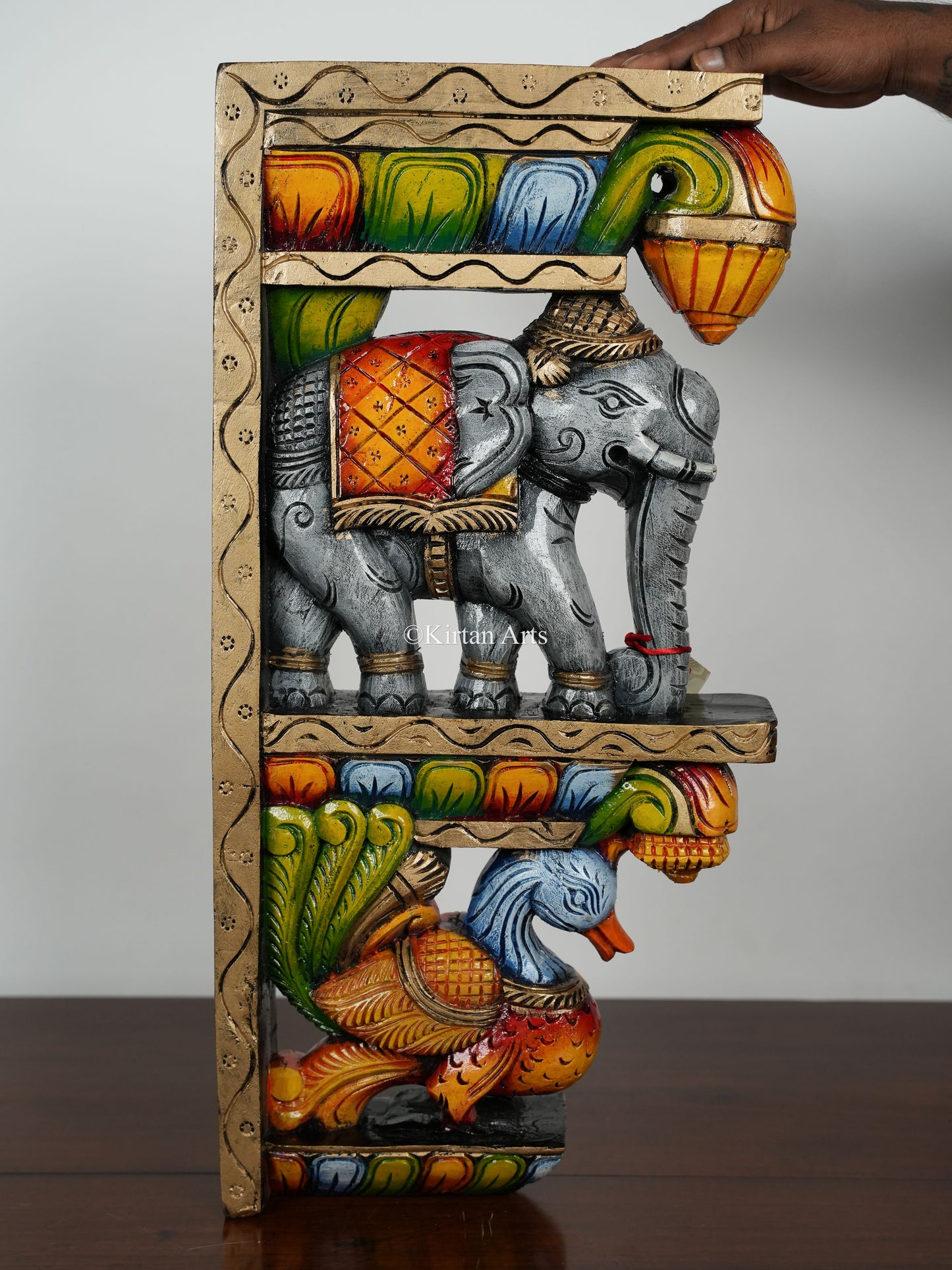 Wooden Elephant and Peacock Wall Bracket | 24" | Painted