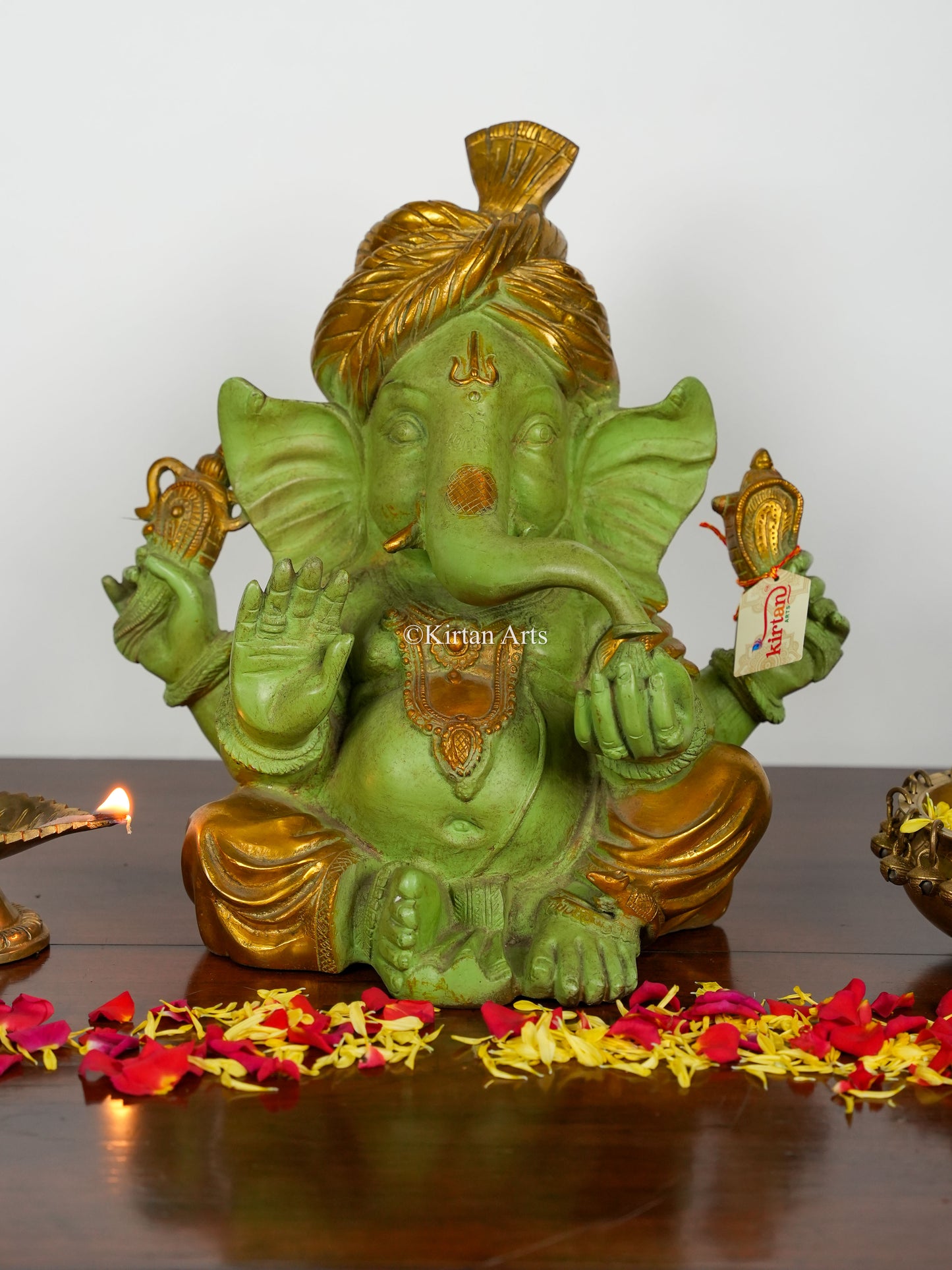 Brass Pagdi Ganesha | 14" | Antique Green Gold Finish