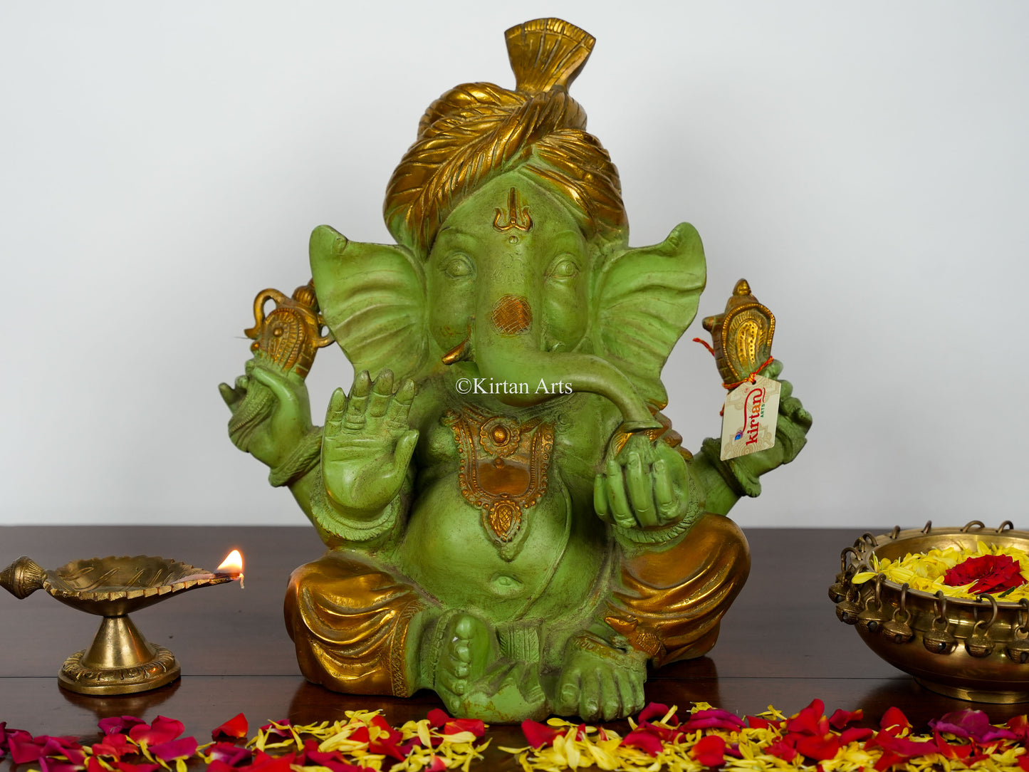 Brass Pagdi Ganesha | 14" | Antique Green Gold Finish