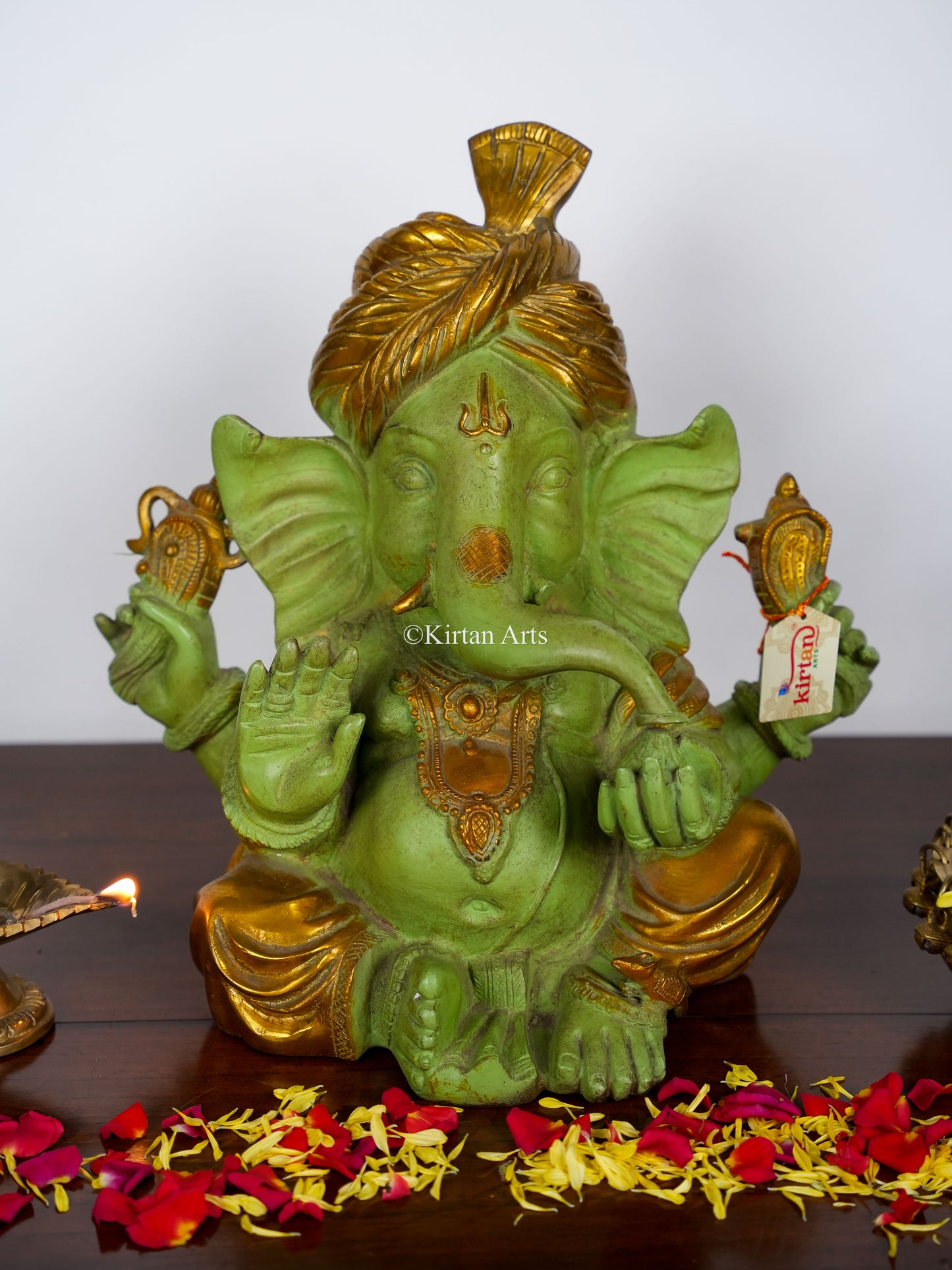 Brass Pagdi Ganesha | 14" | Antique Green Gold Finish