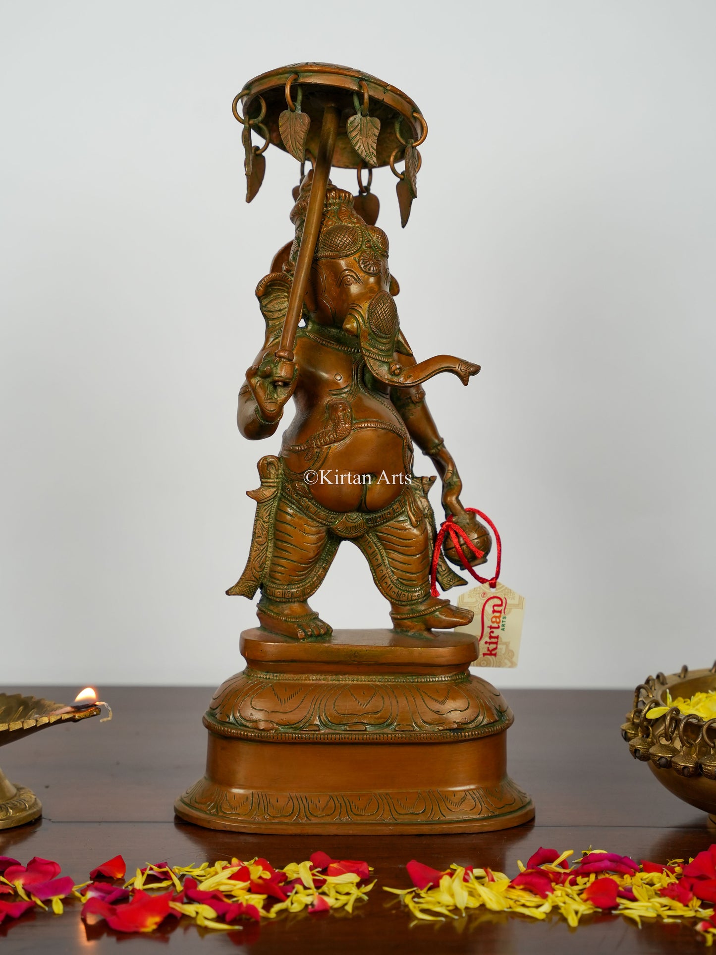 Brass Ganesha with Umbrella and Kamandal | 16" | Antique Bronze Finish