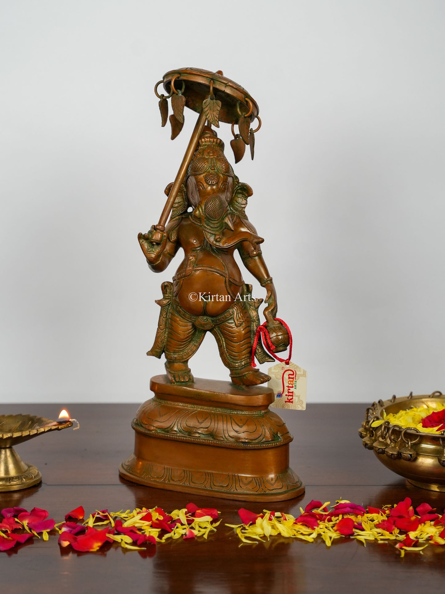 Brass Ganesha with Umbrella and Kamandal | 16" | Antique Bronze Finish