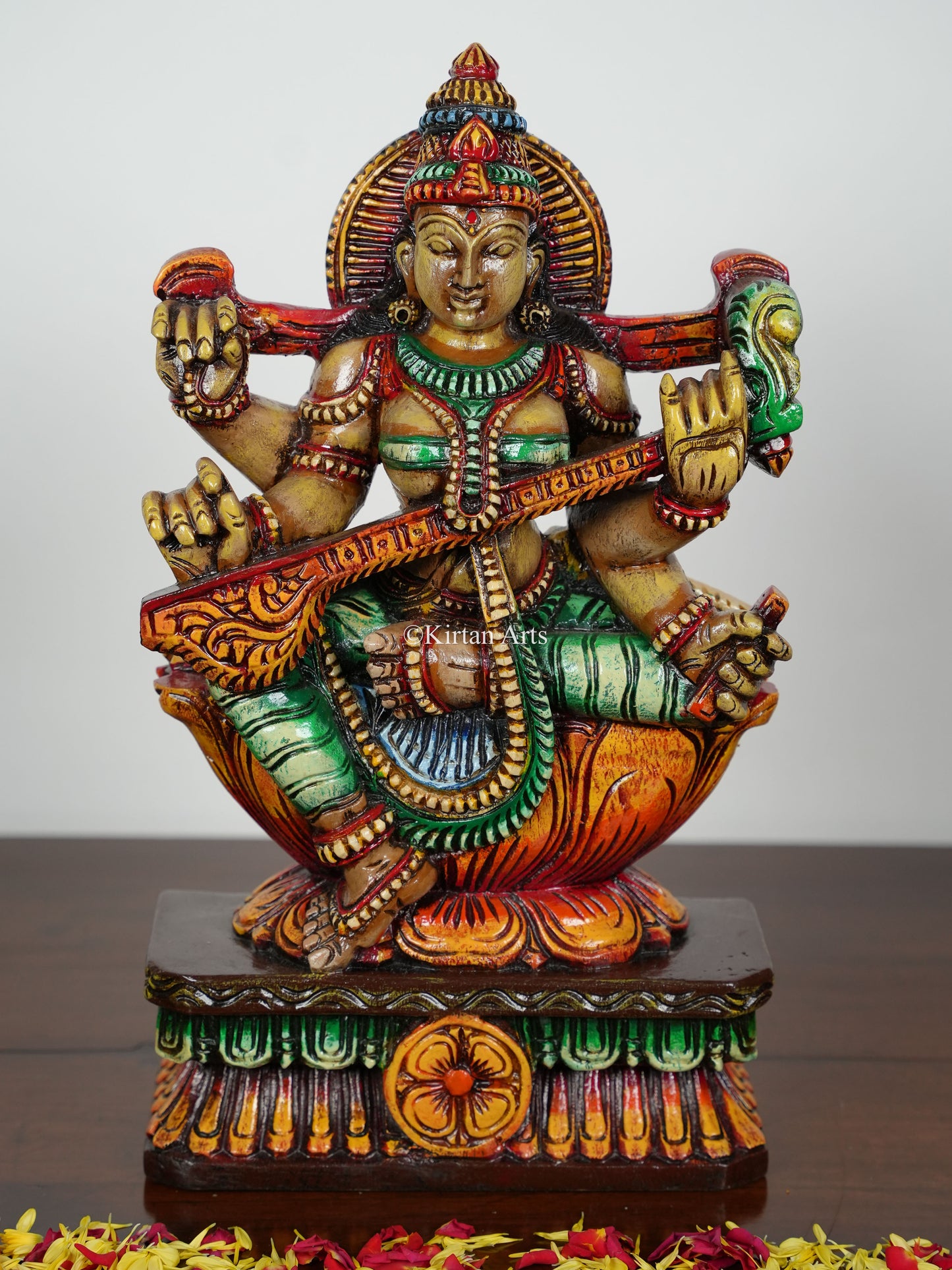 Wood Carved Ganesh Lakshmi Saraswati | 18" | Painted