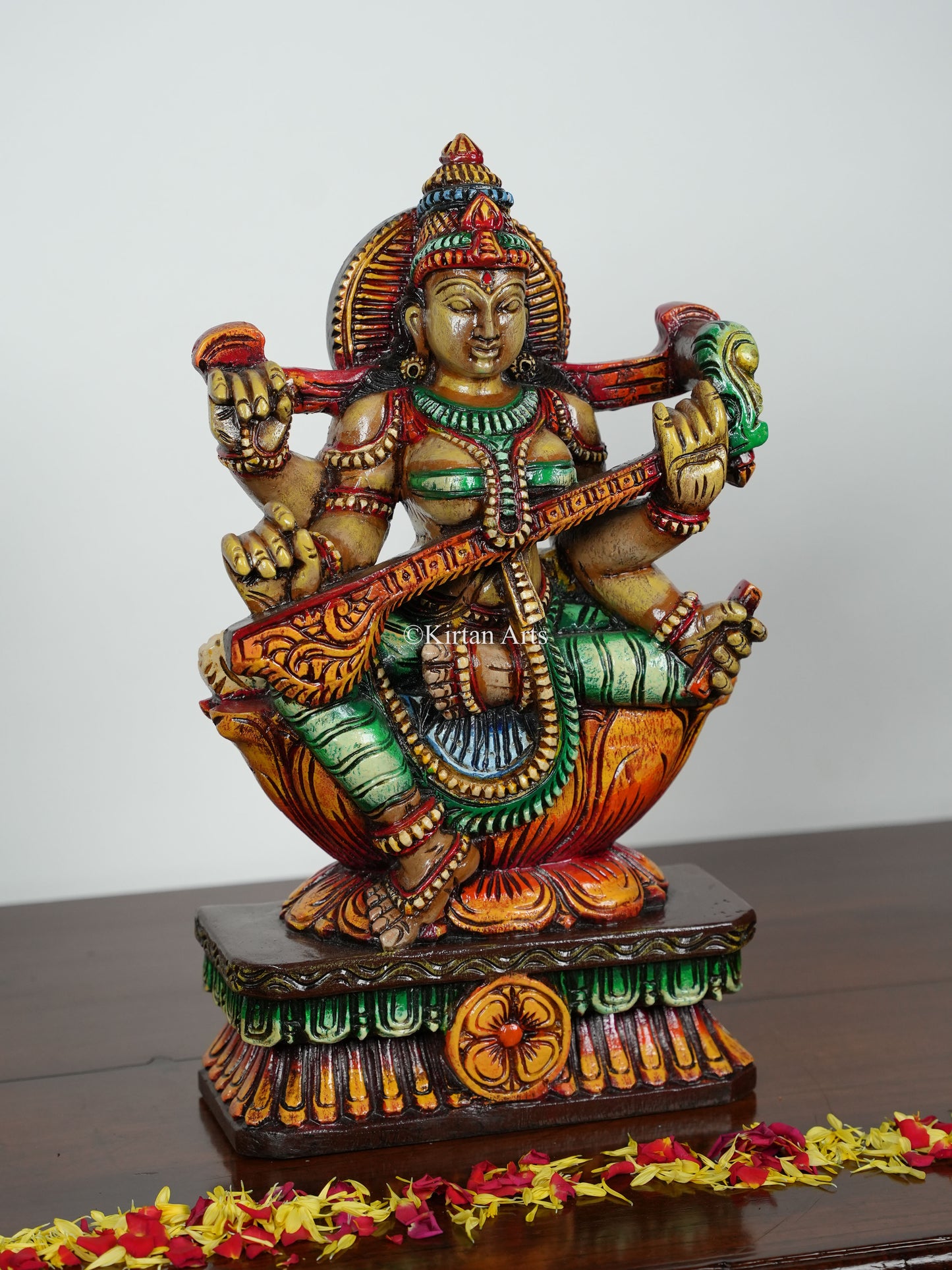 Wood Carved Ganesh Lakshmi Saraswati | 18" | Painted