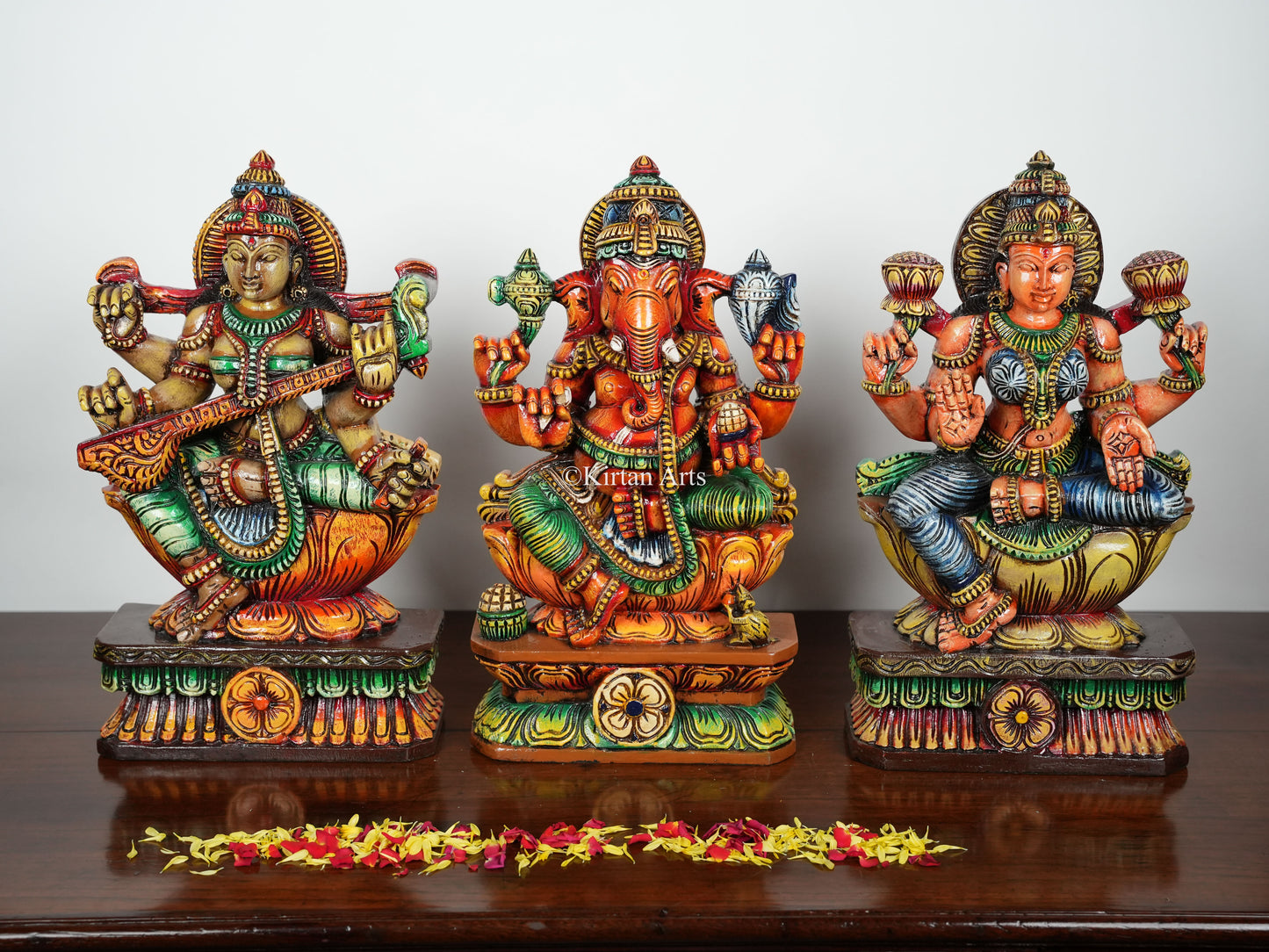 Wood Carved Ganesh Lakshmi Saraswati | 18" | Painted