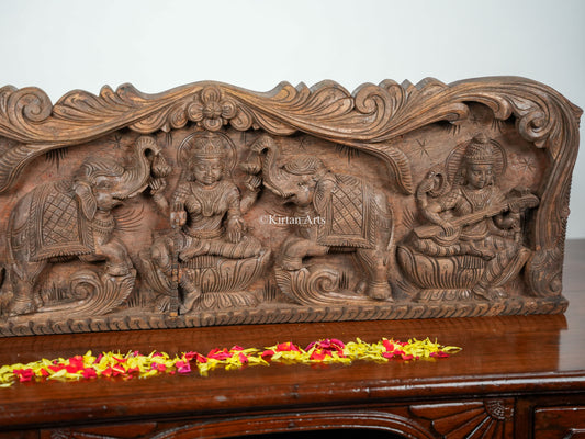36" Gaja Lakshmi Wooden Panel with Ganesha and Saraswati | Hand Carved