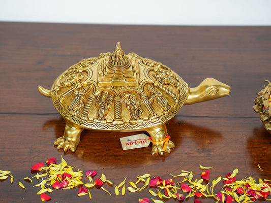 Brass Tortoise with Vishnu Dasavtar | 18" | Shree Yantra | Gold Finish