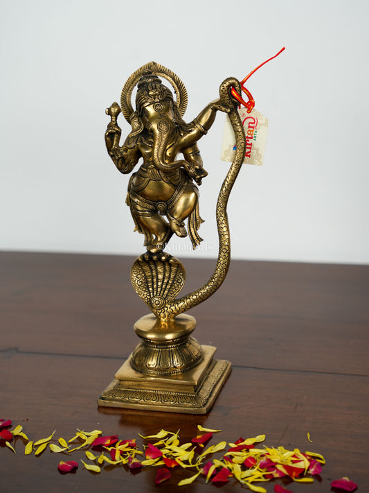 Brass Dancing Ganesha on Snake | 11" | Antique Finish