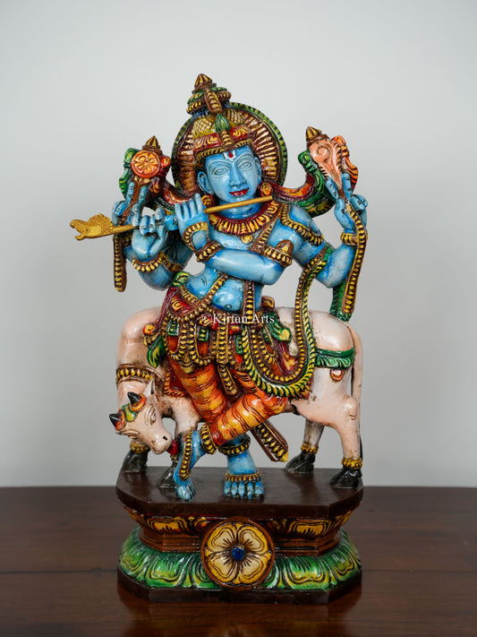 Wood Carved Lord Krishna with Cow | 24"