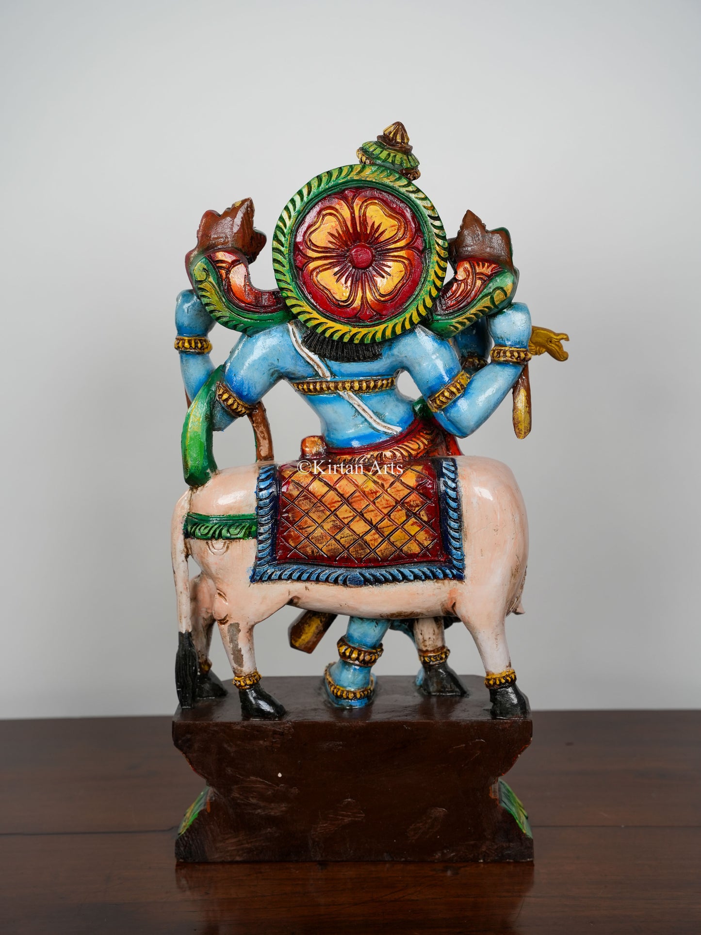 Wood Carved Lord Krishna with Cow | 24"