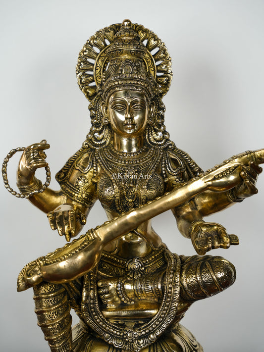 Brass Saraswati Devi | Fine Carved | 30"