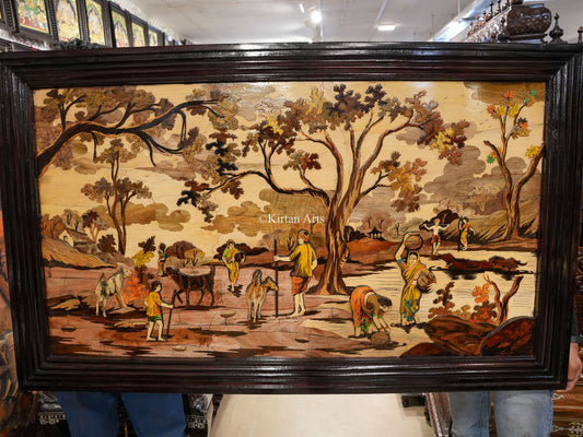 Rosewood Panel Village Scene | 3D Embossed | 5x3 ft