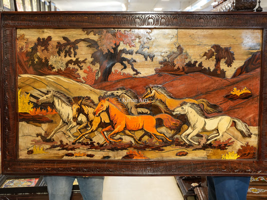 5 Horses Rosewood Panel | 3D Embossed | Good Luck | 5x3 ft
