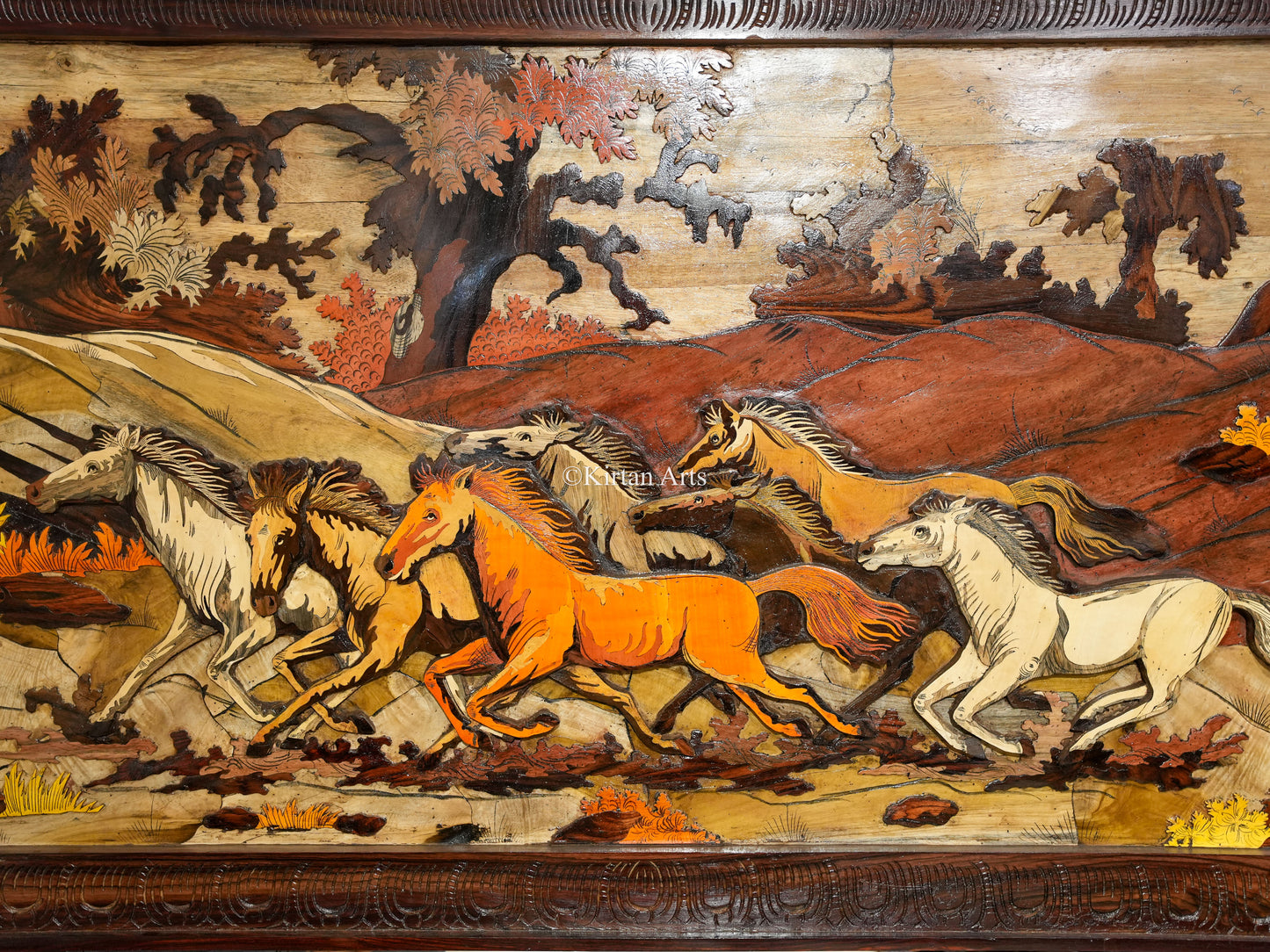 5 Horses Rosewood Panel | 3D Embossed | Good Luck | 5x3 ft