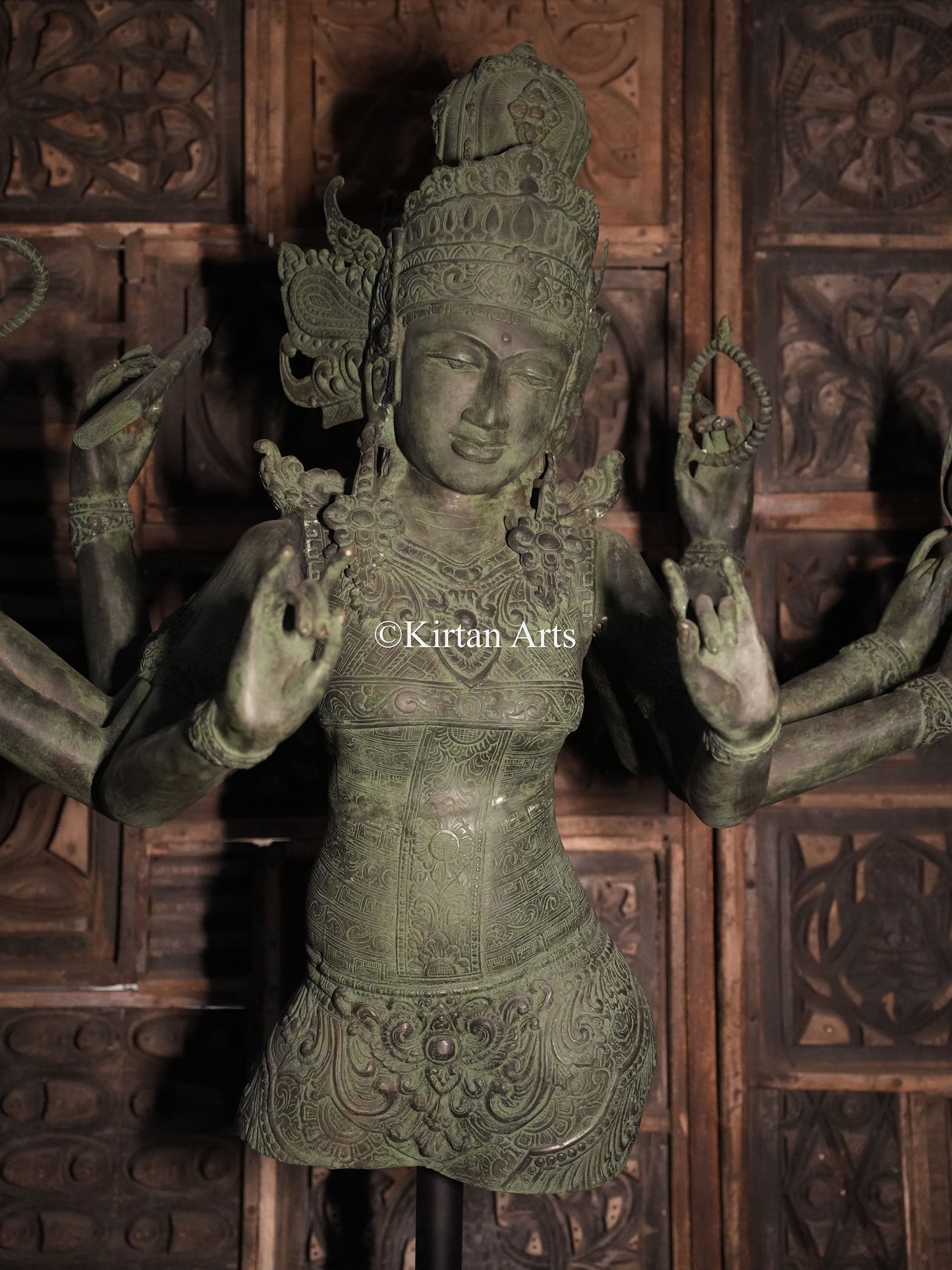 67" Large Goddess Parvati Sculpture | Indonesian Bronze | Wooden Base | 8 Hands