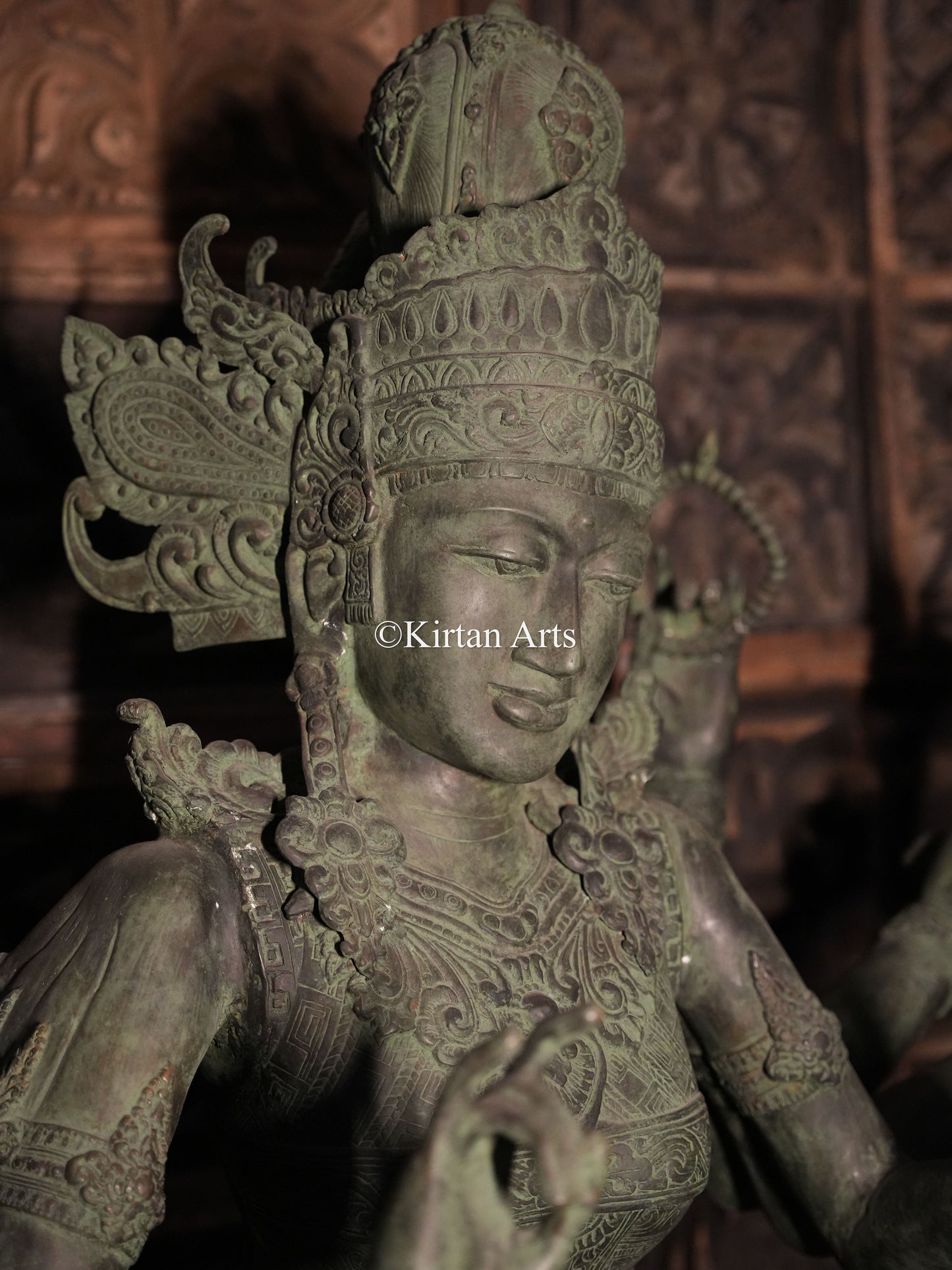 67" Large Goddess Parvati Sculpture | Indonesian Bronze | Wooden Base | 8 Hands