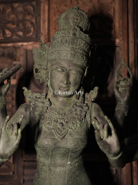 67" Large Goddess Parvati Sculpture | Indonesian Bronze | Wooden Base | 8 Hands