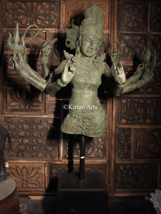 67" Large Goddess Parvati Sculpture | Indonesian Bronze | Wooden Base | 8 Hands