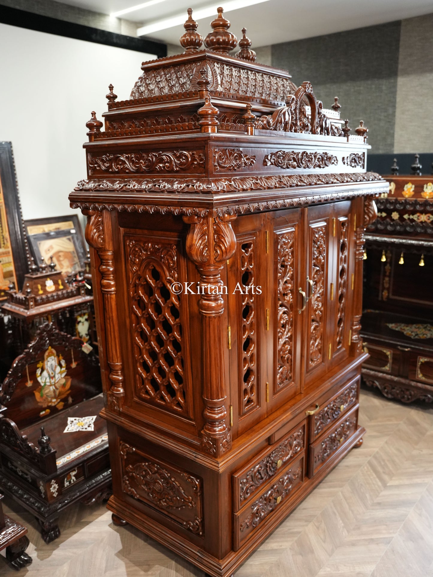 Teakwood Carved Puja Mandir | Doors and Storage | 7x4x2 ft