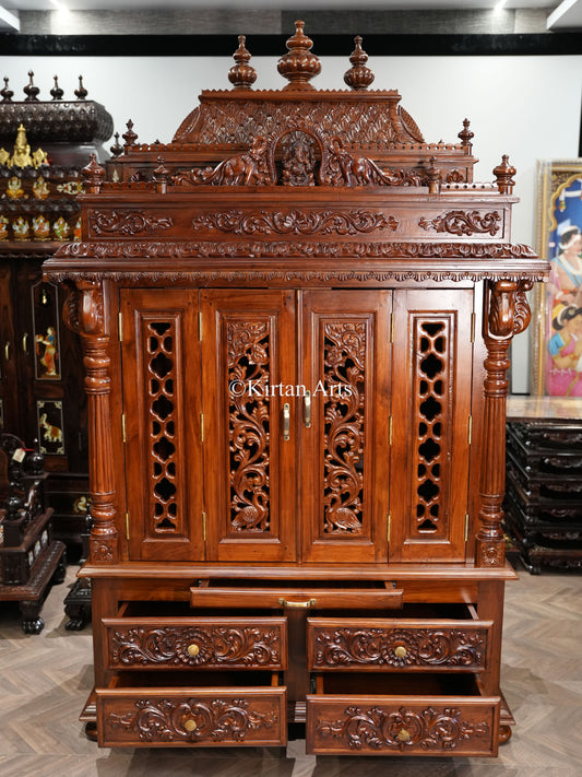 Teakwood Carved Puja Mandir | Doors and Storage | 7x4x2 ft