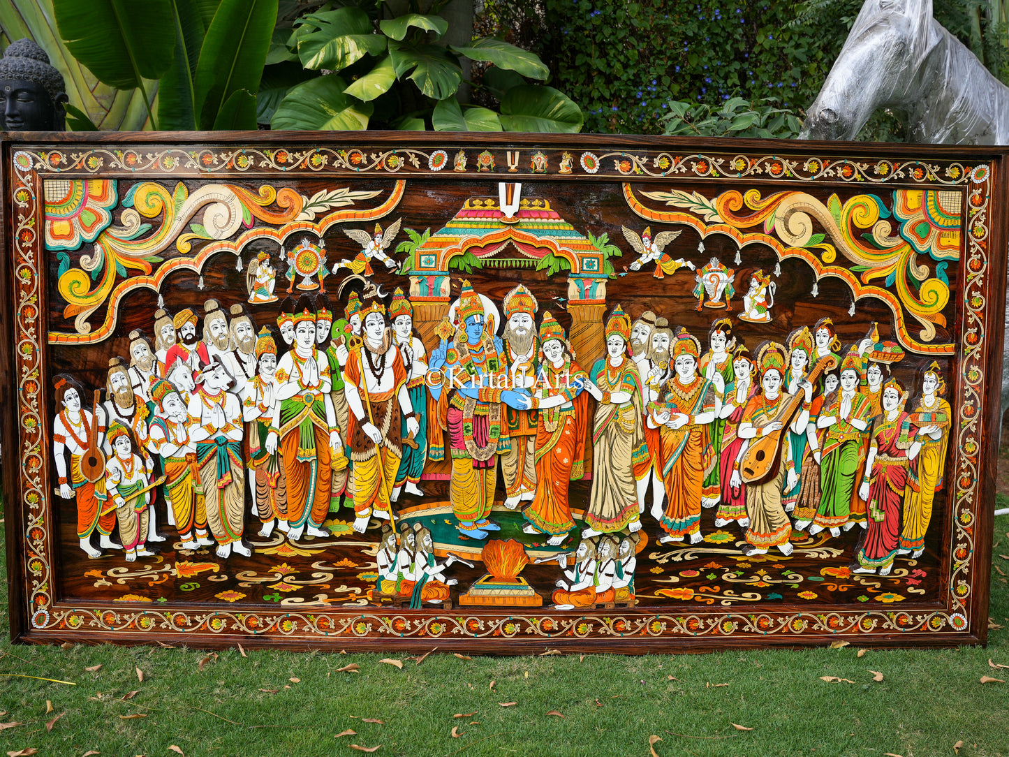 Srinivasa Kalyanam Rosewood Panel | 3D Embossed | 8x4 ft | Floral Inlay