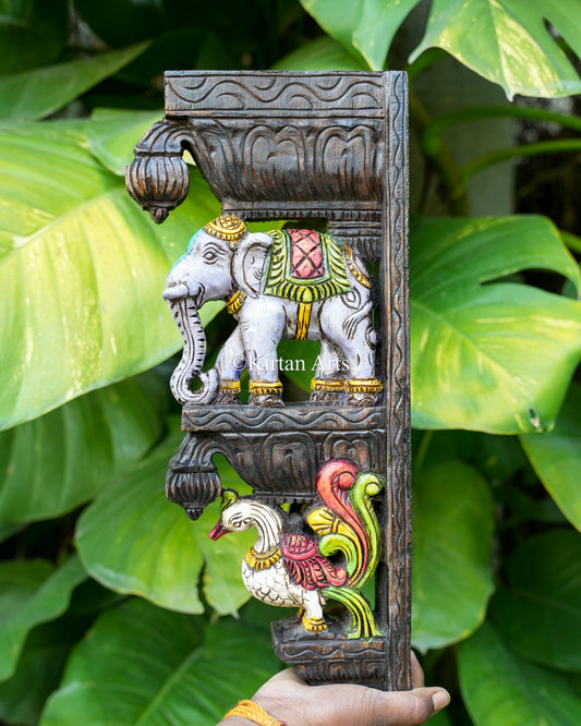 Traditional Wooden Wall Bracket Pair | Elephant and Hamsa | Watercolors | 18"