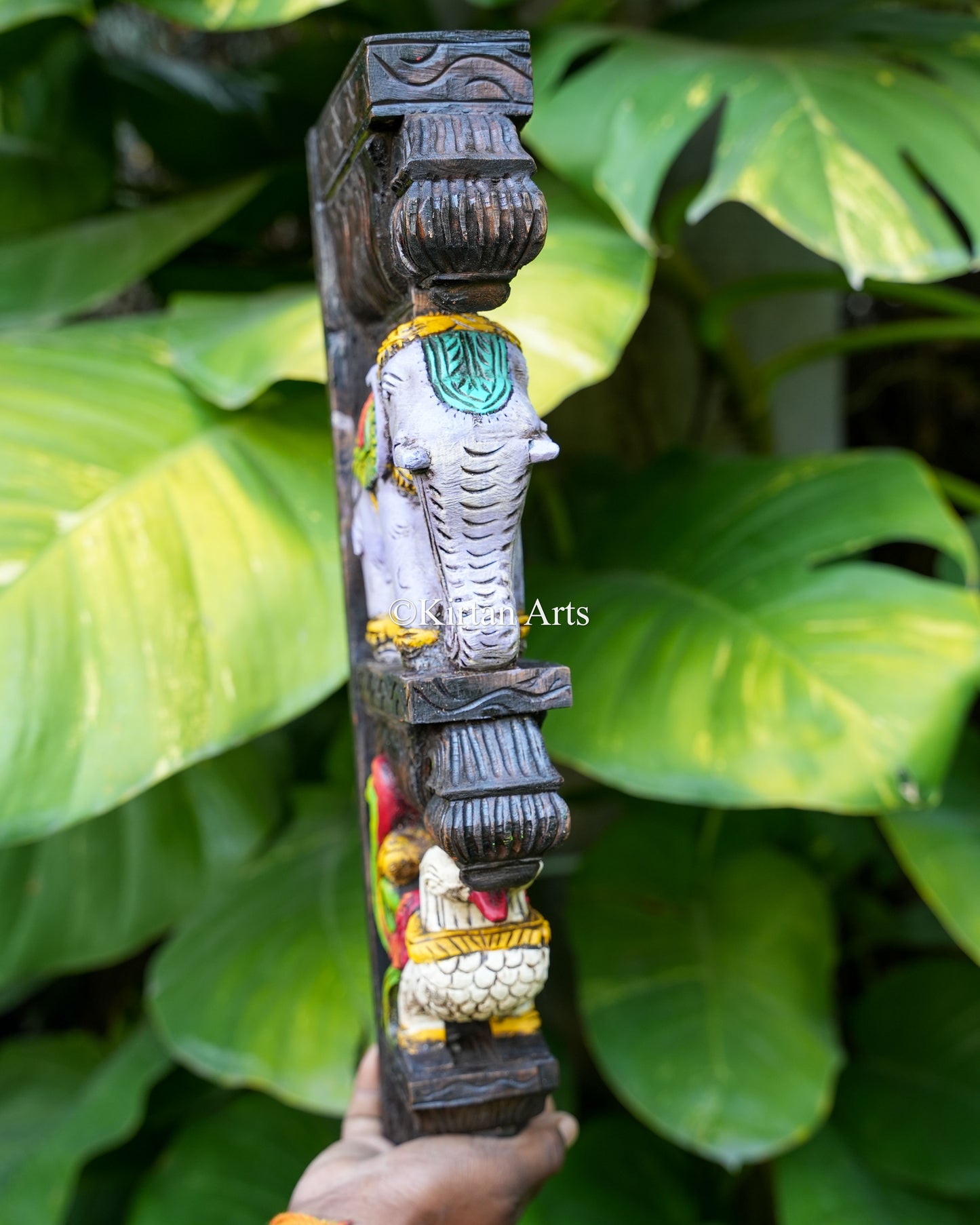 Traditional Wooden Wall Bracket Pair | Elephant and Hamsa | Watercolors | 18"