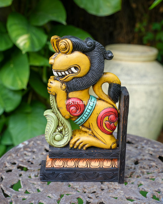 Hand-Carved Wooden Yali (Guardian Lion) Wall Bracket Pair | 15" | Yellow | Watercolors