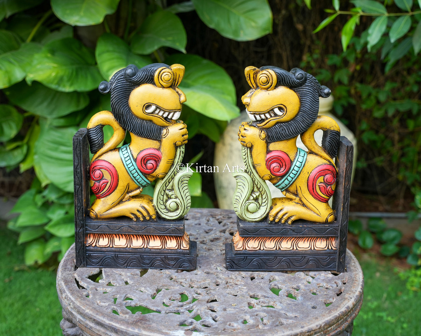 Hand-Carved Wooden Yali (Guardian Lion) Wall Bracket Pair | 15" | Yellow | Watercolors