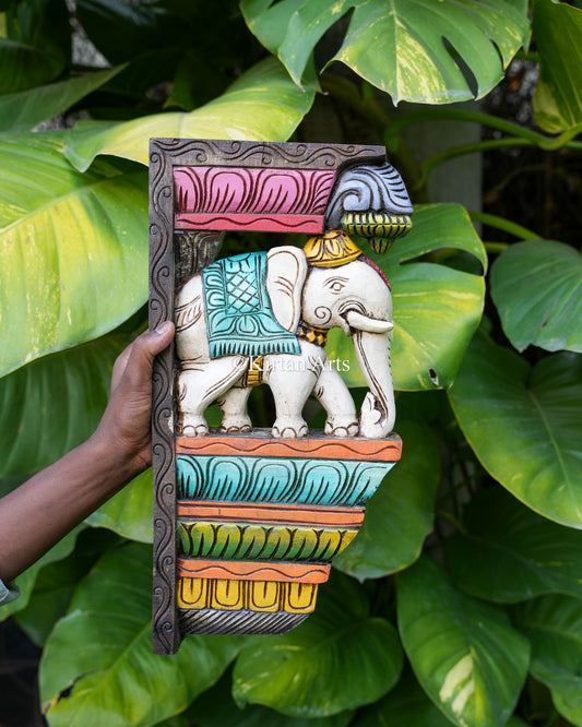 Hand-Carved Wooden Elephant Motif Wall Bracket | 18" | Watercolors