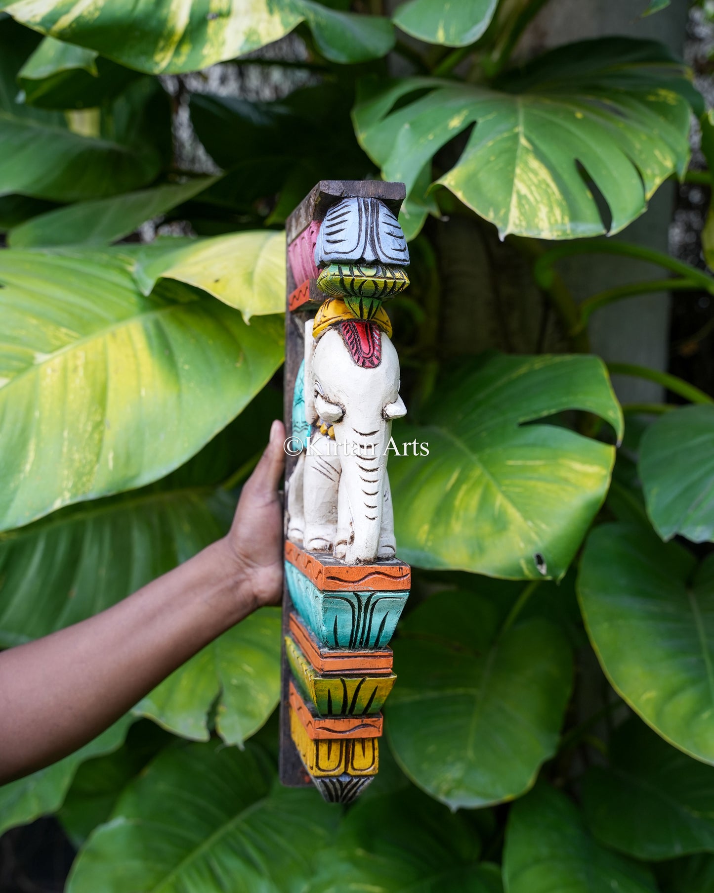 Hand-Carved Wooden Elephant Motif Wall Bracket | 18" | Watercolors