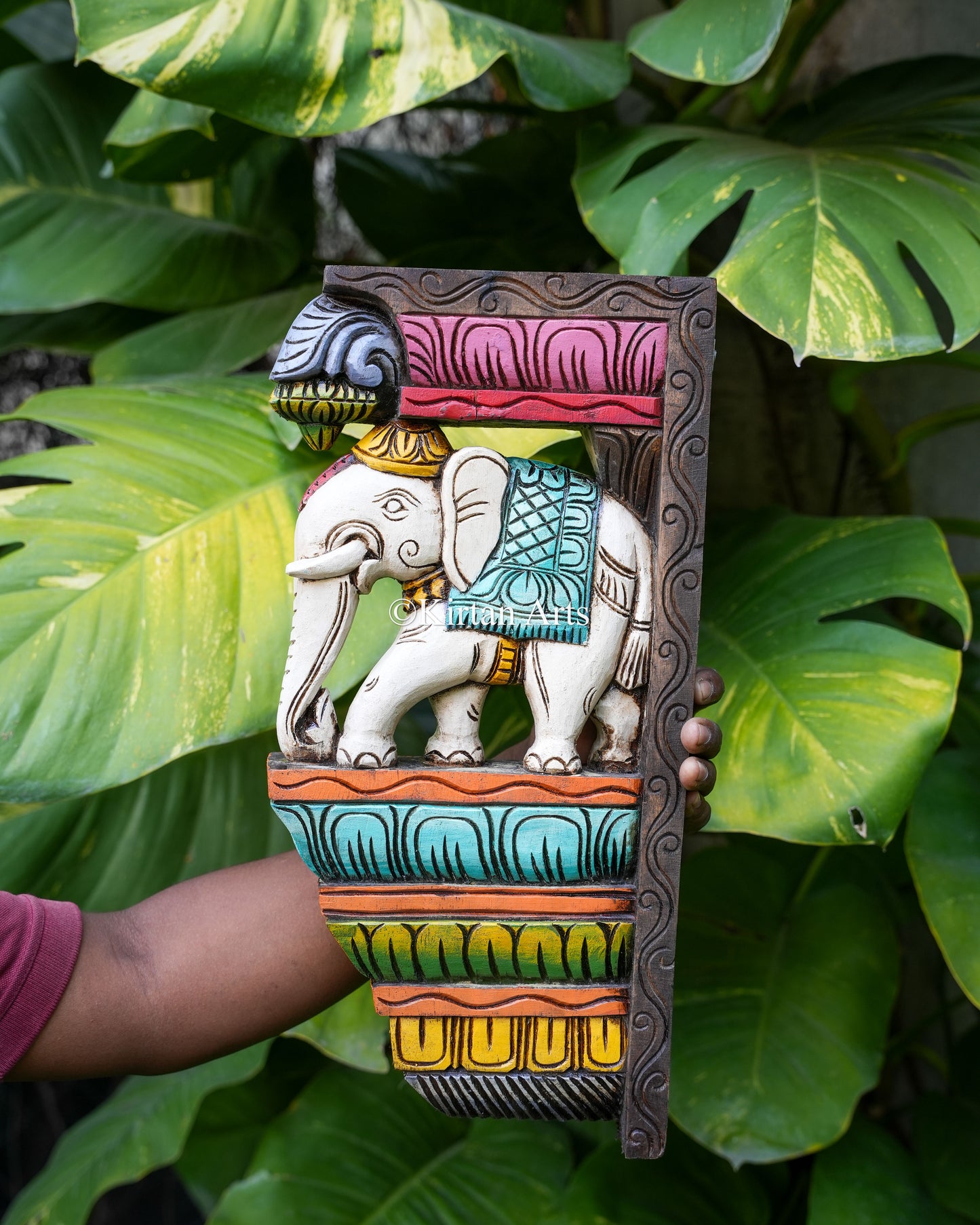 Hand-Carved Wooden Elephant Motif Wall Bracket | 18" | Watercolors