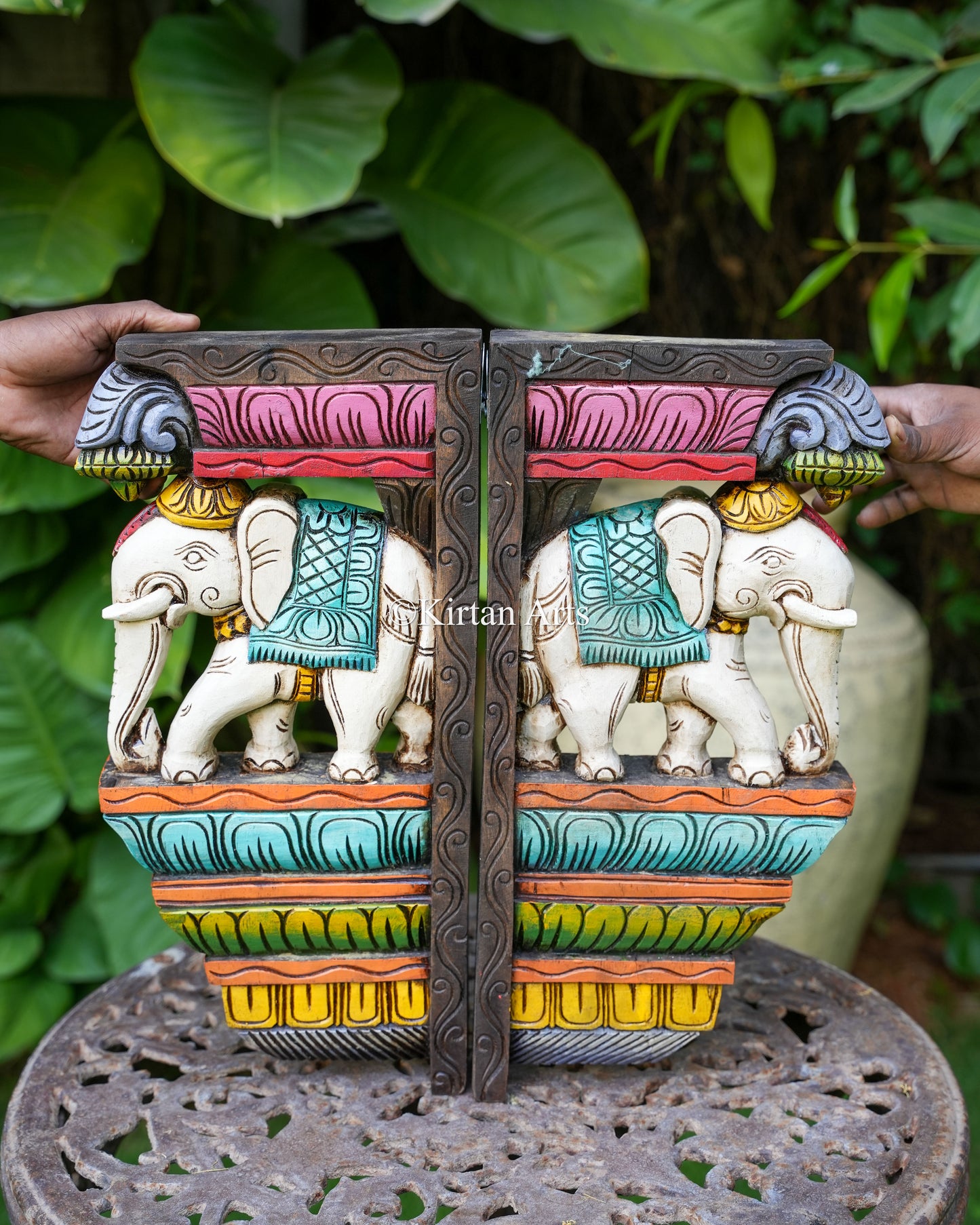 Hand-Carved Wooden Elephant Motif Wall Bracket | 18" | Watercolors