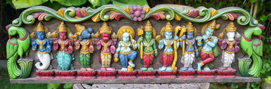 Hand-Carved Dasavataram Wooden Wall Panel | 42" | Watercolours