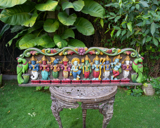 Hand-Carved Dasavataram Wooden Wall Panel | 42" | Watercolours