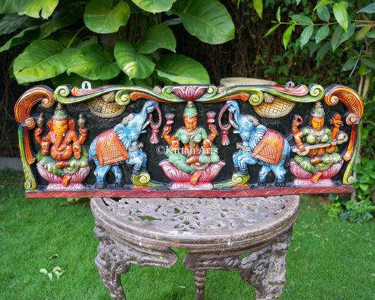 Hand-Carved "Divine Prosperity Trio" Wall Panel – Gajalakshmi, Ganesha & Saraswati | 36"