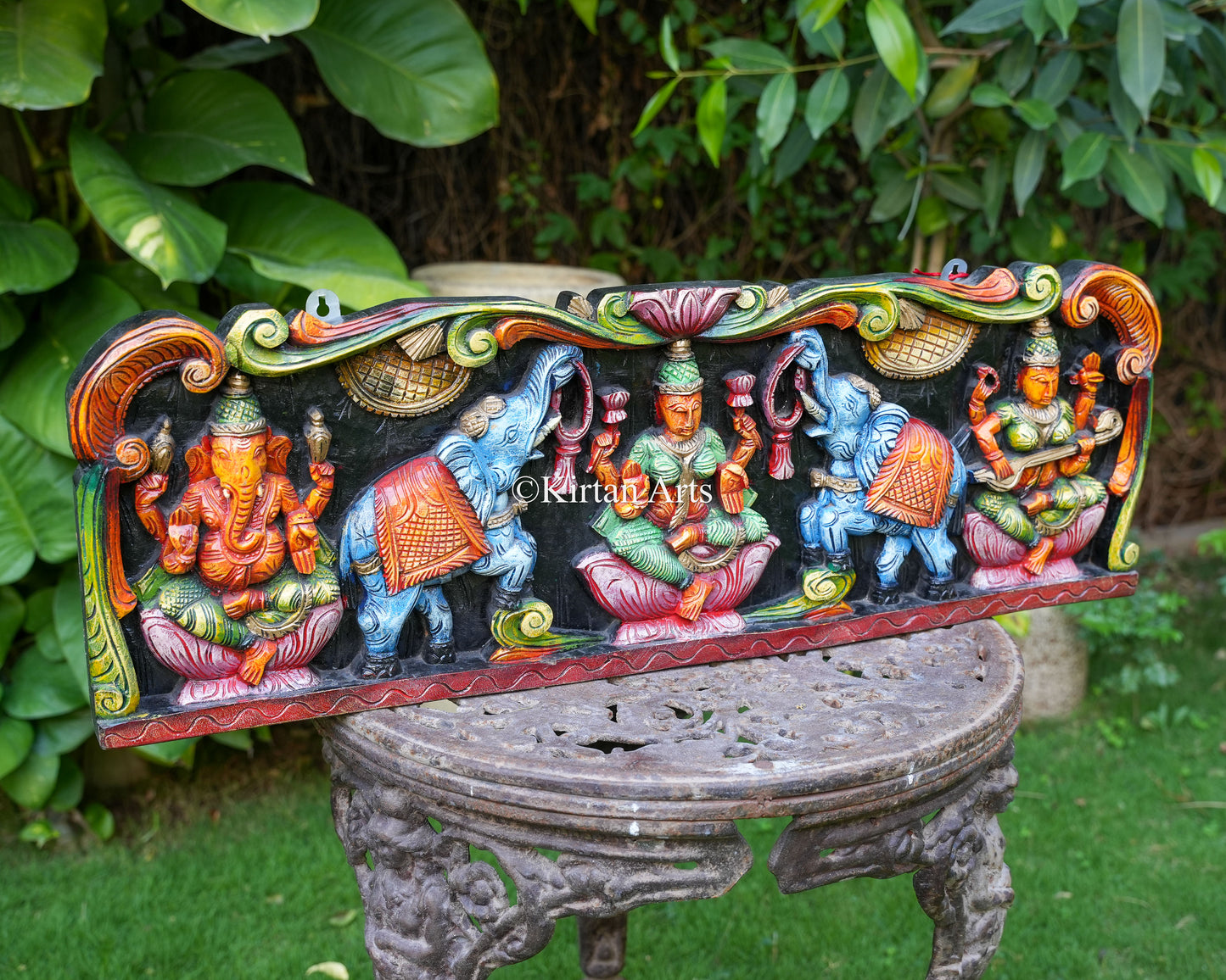 Hand-Carved "Divine Prosperity Trio" Wall Panel – Gajalakshmi, Ganesha & Saraswati | 36"